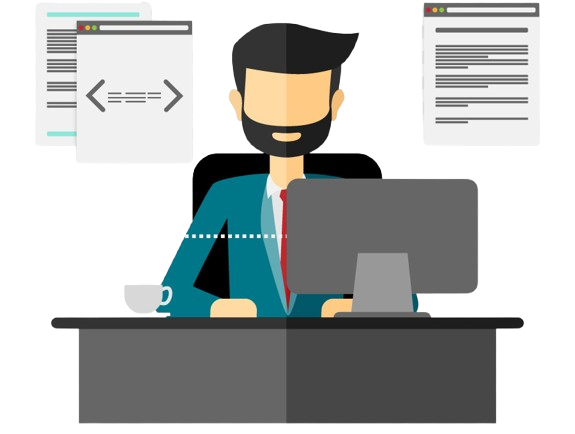 Ilustración de un desarrollador organizando interfaces, código y componentes de un sistema web.